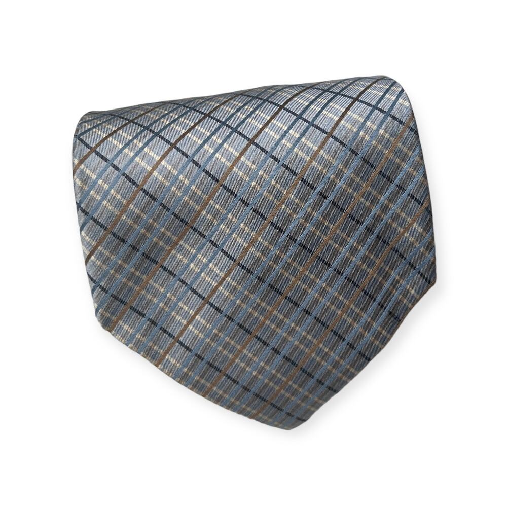Hickey Freeman Collection Slate Blue Brown Tan Plaid Silk Neck Tie